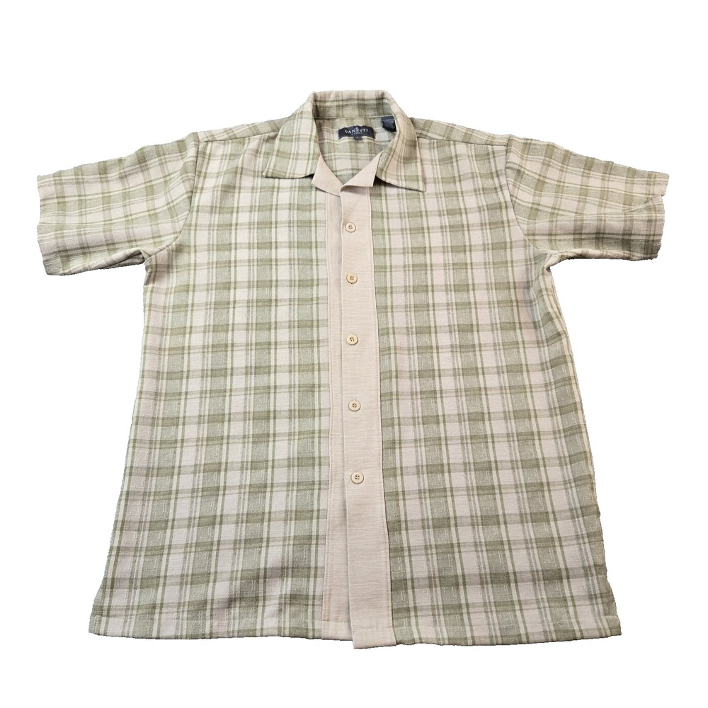 VANETTI Men's Shirt Button Down Short Sleeve Plaid Linen Blend Size Large